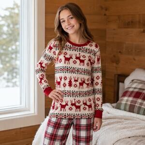 Hanna Andersson Kids Christmas Pajama Top US 12 Red Reindeer Fair Isle Organic